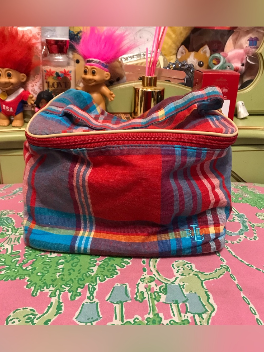 Vintage Lauren Ralph Lauren red and blue plaid toiletry bag